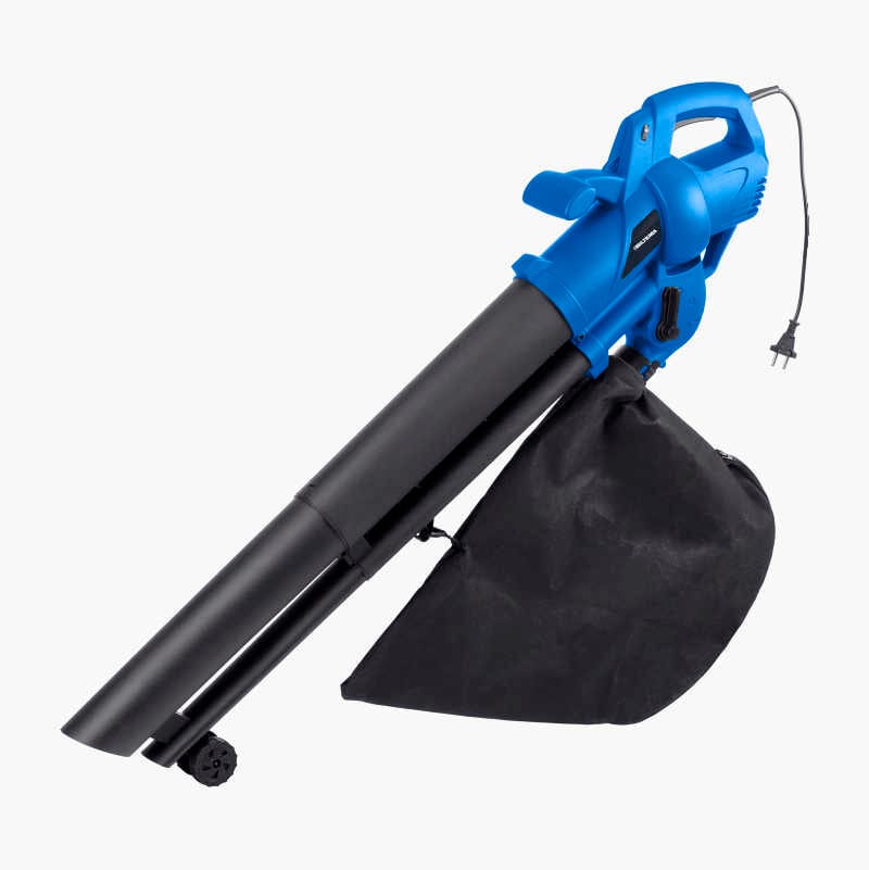Blue and black electric leaf blower with collection bag.