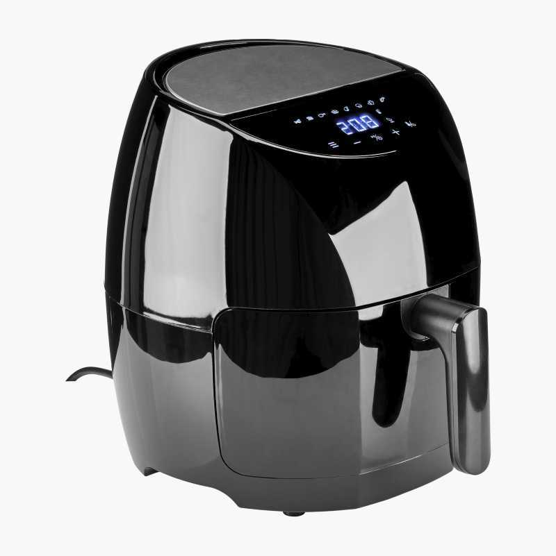 Black digital air fryer with a handle, display showing '208'.