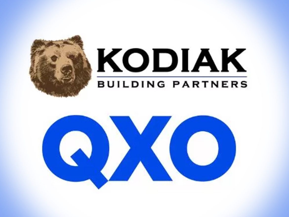 A logo image featuring Kodiak Building Partners with a bear head and QXO in blue text on a light blue gradient background.