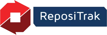 ReposiTrak logo: red/dark red arrow symbol with white square, next to 'ReposiTrak' text on blue.