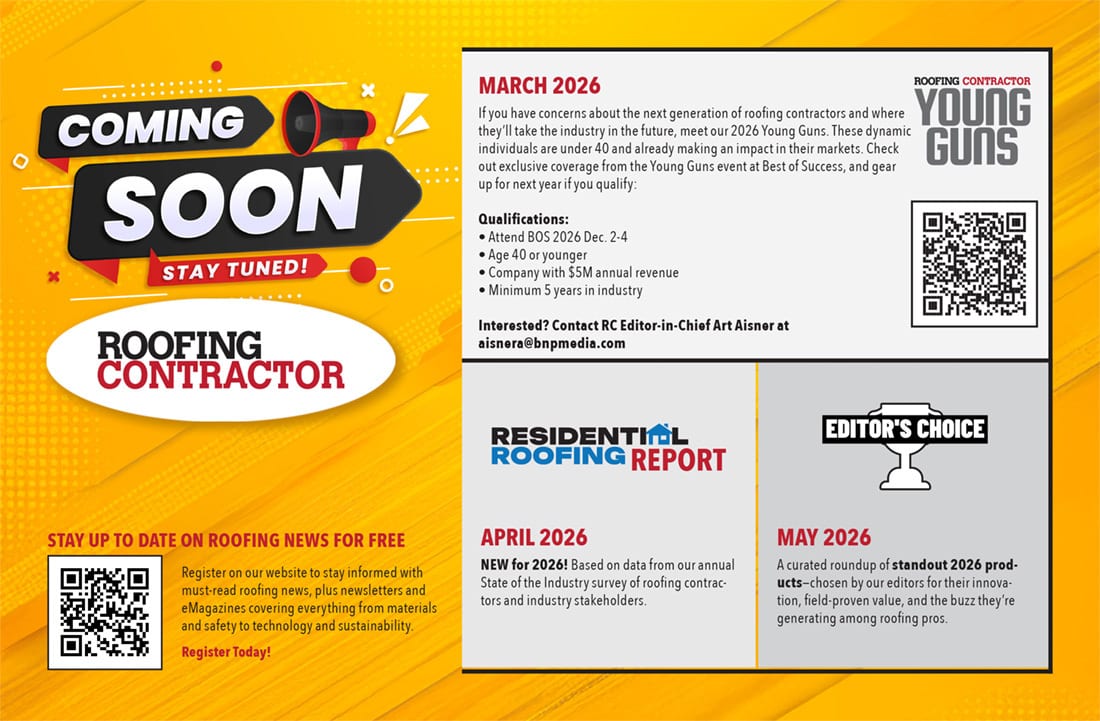Ad for Roofing Contractor magazine, featuring "Coming Soon," "Young Guns," and news updates for 2026.