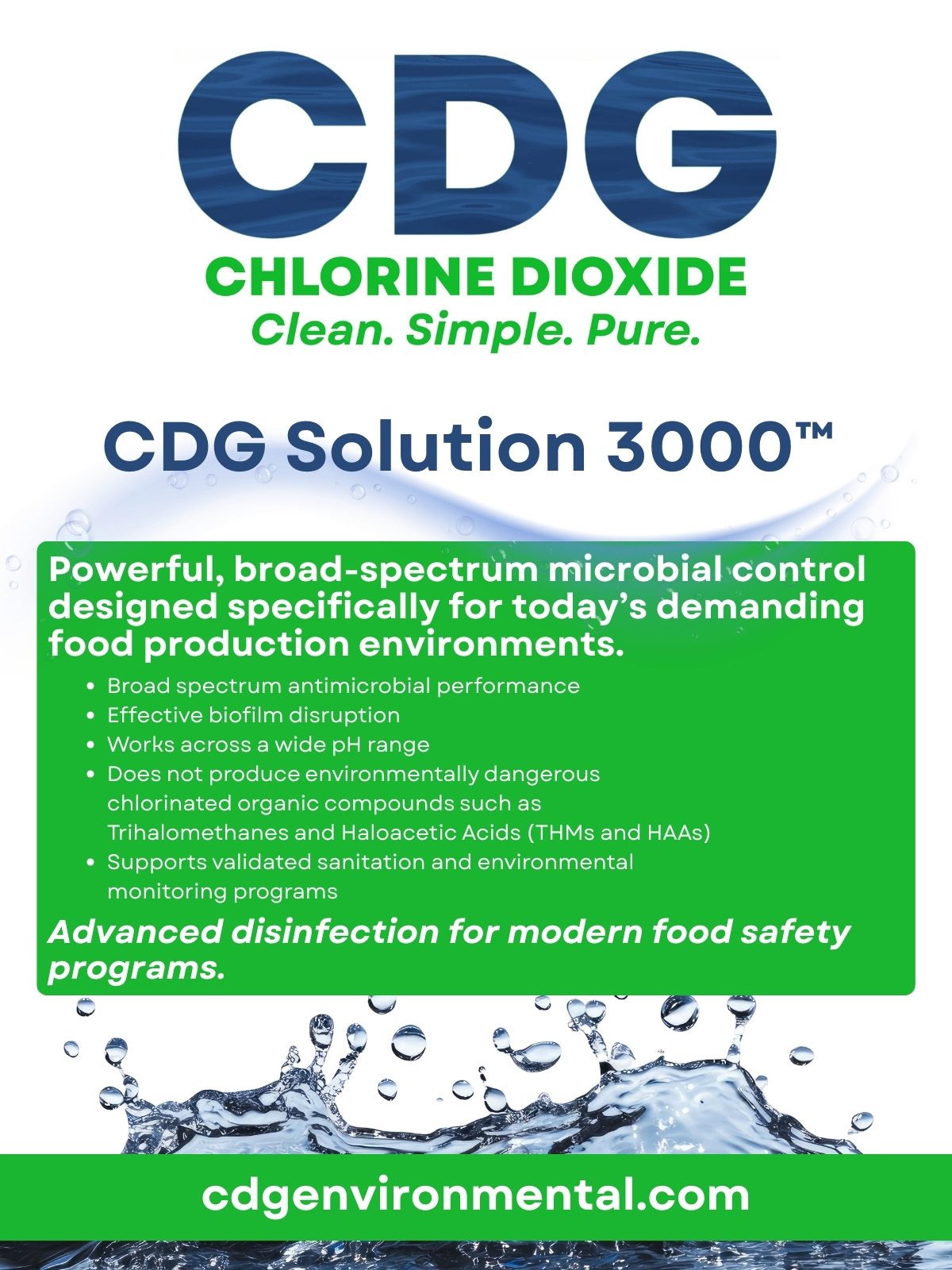 Advertisement for CDG Solution 3000, a chlorine dioxide product for microbial control in food production.