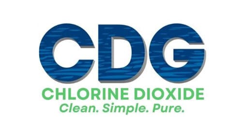 CDG logo in blue water-textured letters, with 'CHLORINE DIOXIDE Clean. Simple. Pure.' text below.