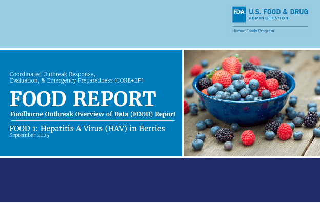 FDA Food Report cover: Hepatitis A Virus in Berries (Sept 2025), with a bowl of berries.