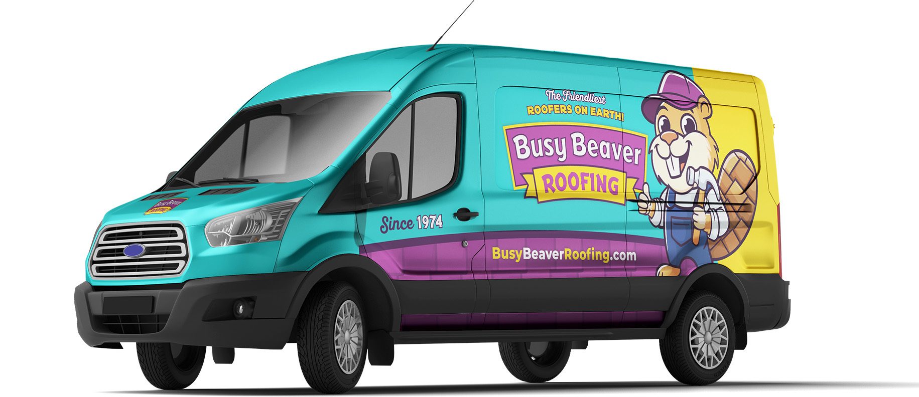 A vibrant turquoise and purple van with "Busy Beaver Roofing" logo, cartoon beaver mascot, and website.