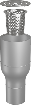 Metal drain assembly: perforated basket, grate, and pipe.
