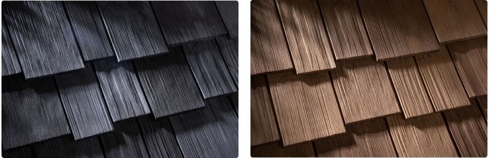 Textured dark and brown wood shingles.
