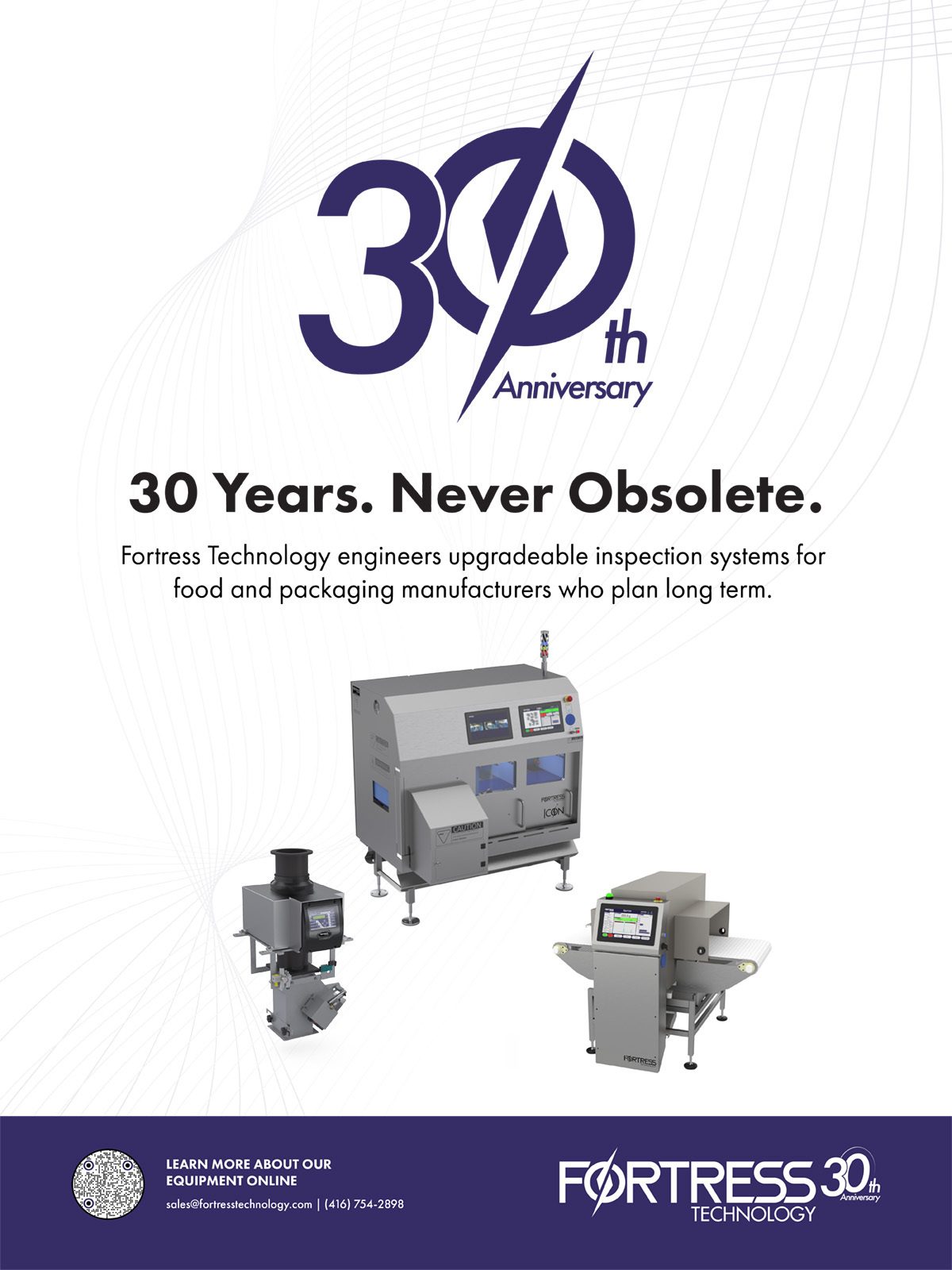 Fortress Technology 30th Anniversary ad with inspection machines and "Never Obsolete" slogan.