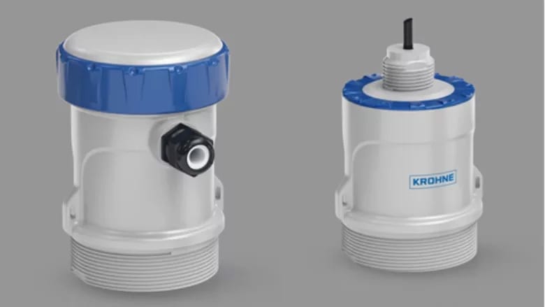 Two white and blue industrial sensors with threaded bases.