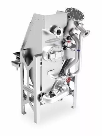 Stainless steel industrial processing equipment with piping, valves, and inspection ports.