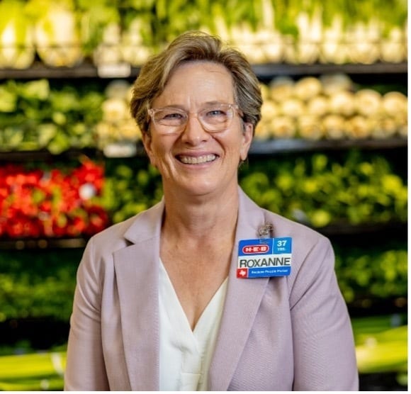 Smiling Roxanne, HEB Awesome People Partner (37 yrs service) in produce section.