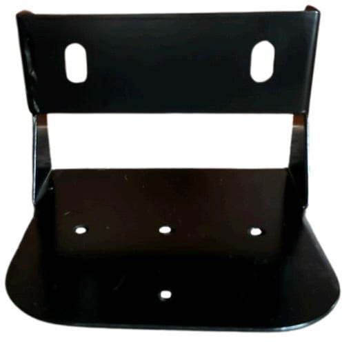 Black metal mounting bracket with slotted and round holes.