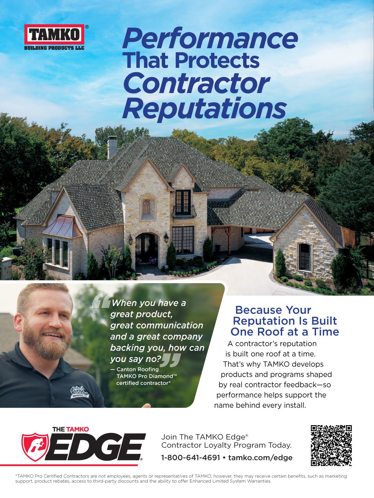 TAMKO roofing ad featuring a house, a contractor, and text about protecting contractor reputations.