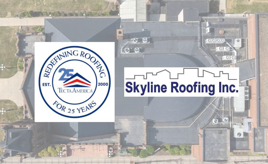 Aerial view of a roof with Tecta America (25 years) and Skyline Roofing Inc. logos.