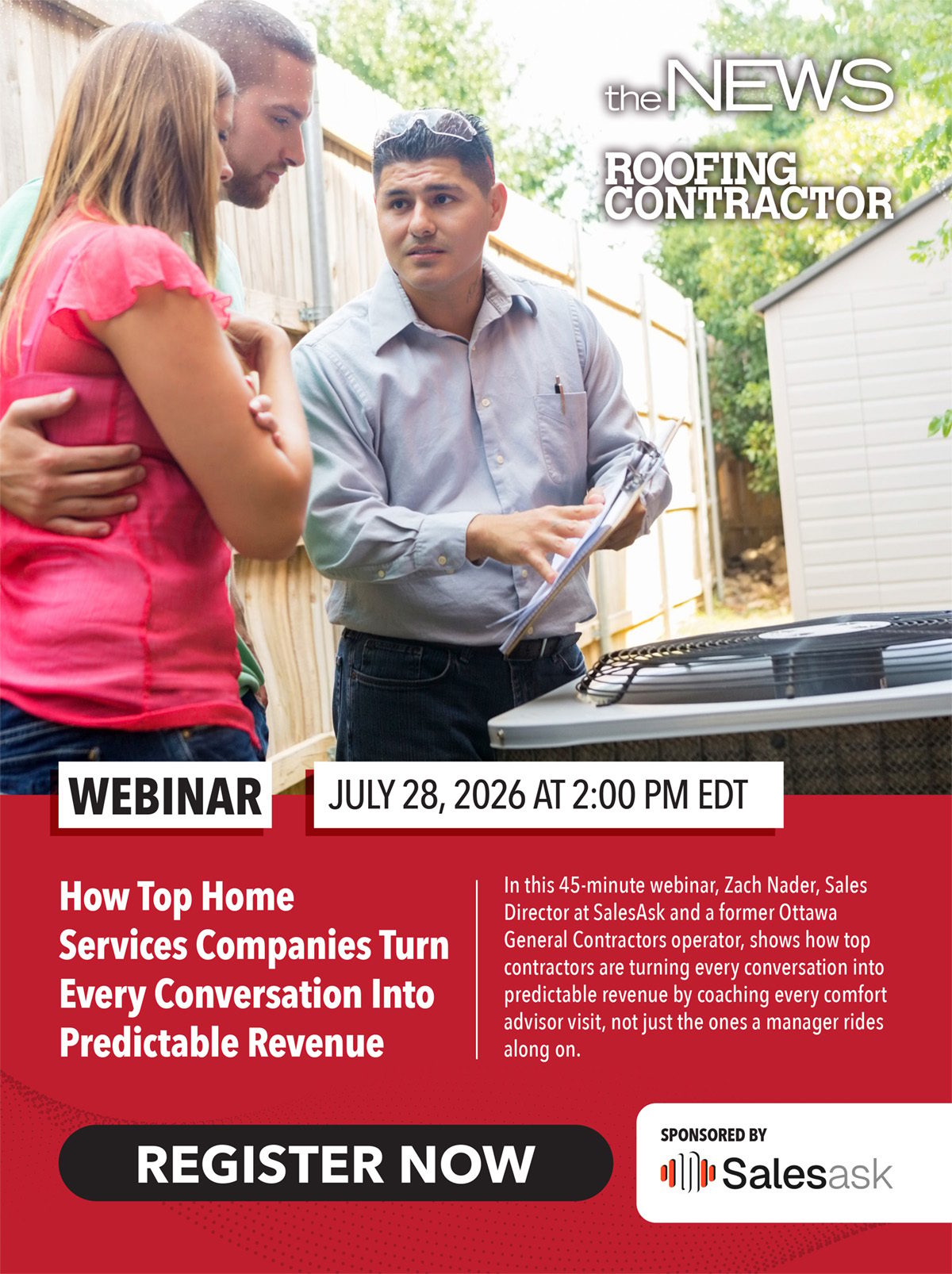 Webinar ad: contractor explaining to a couple in a backyard, promoting turning conversations into revenue.