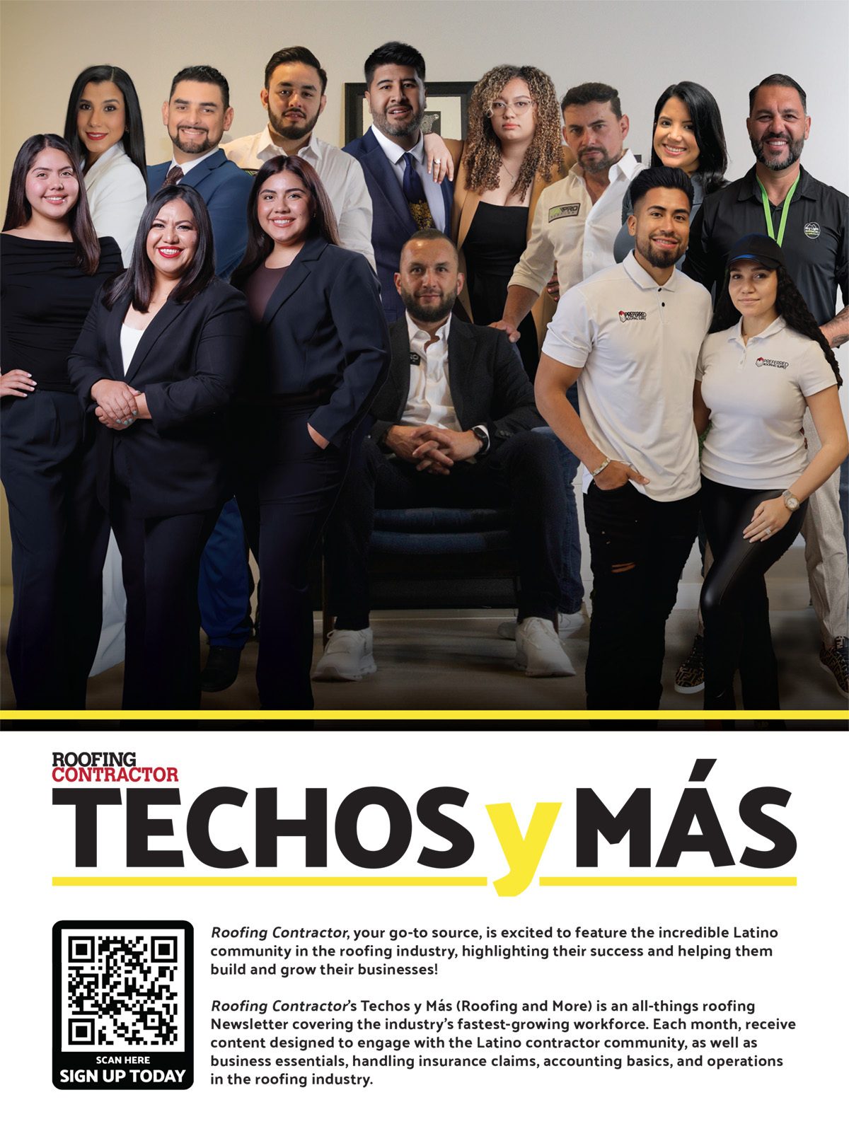 A group of diverse professionals from Roofing Contractor's Techos y Más newsletter, featuring the Latino community.