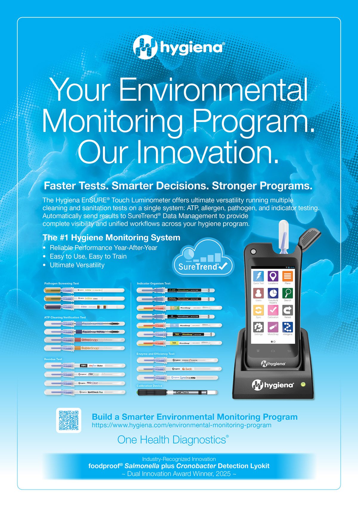 Hygiena environmental monitoring ad, showing EnSURE Touch luminometer and hygiene tests.