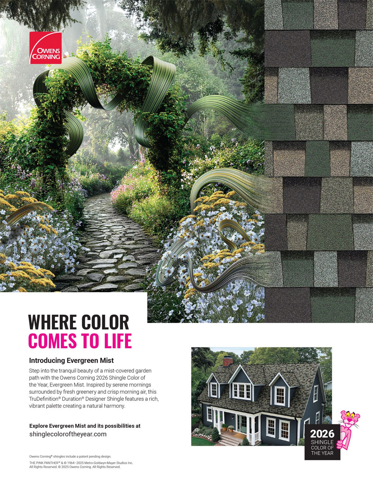 Owens Corning 2026 Evergreen Mist shingles in a lush garden setting and on a house.