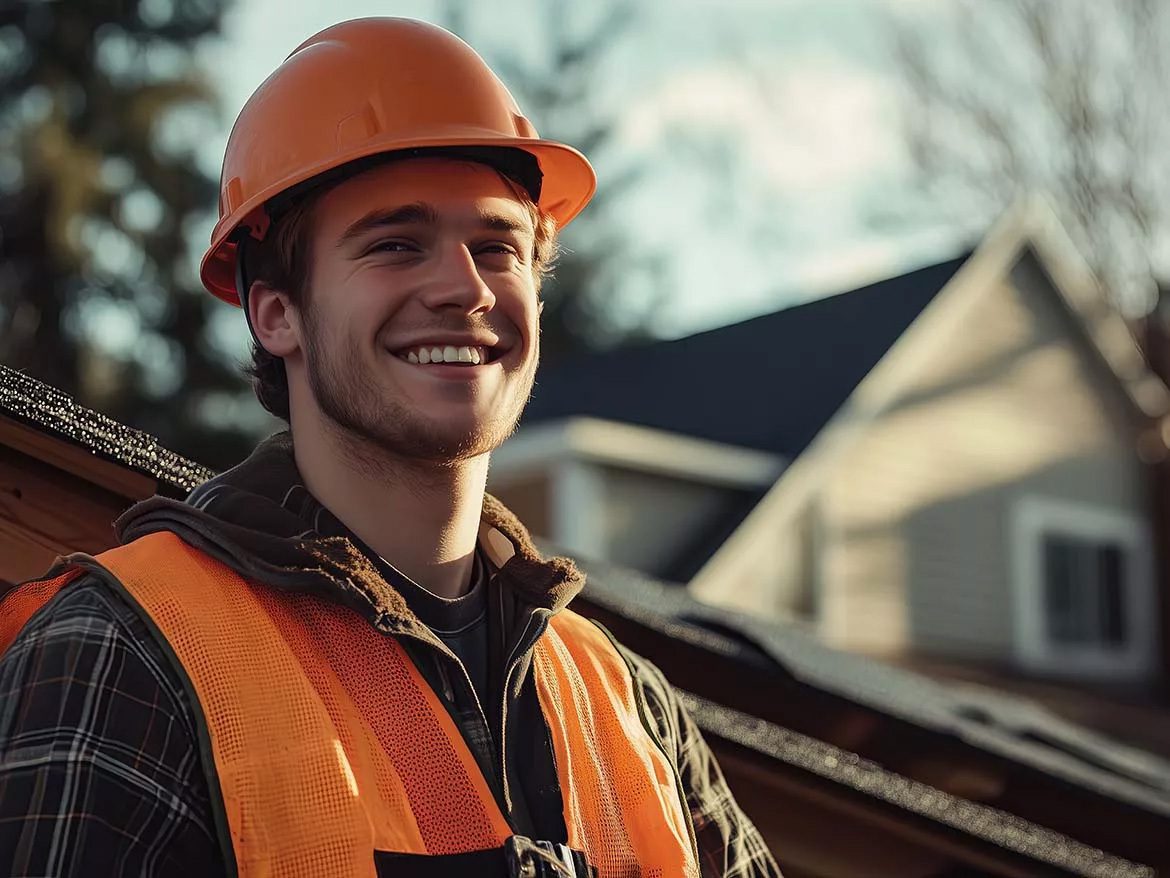 Smiling construction worker in an orange hard hat and safety vest on a roof.