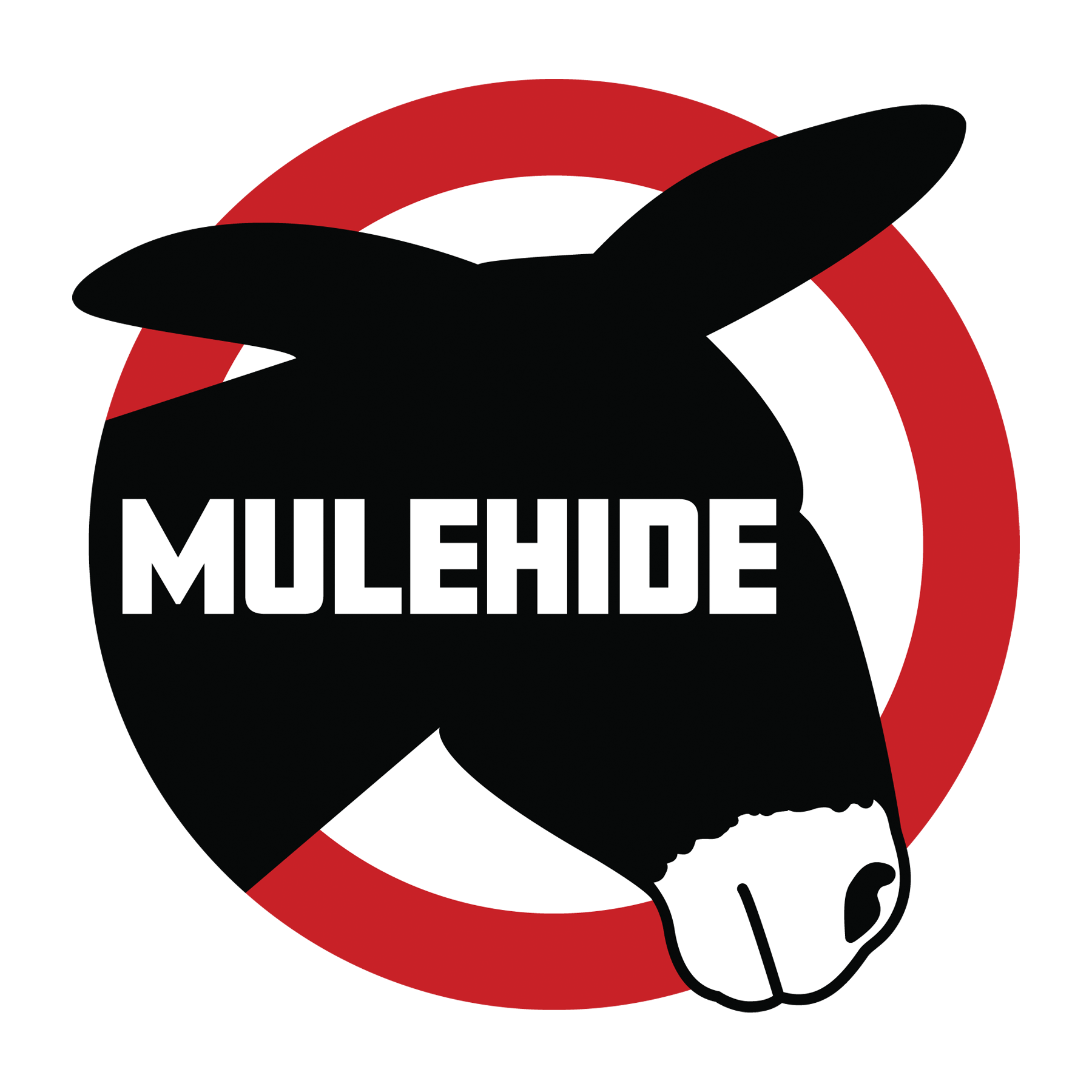 MULEHIDE logo: black mule head with white muzzle in a red and white circle on a green background.