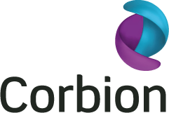 Corbion logo featuring dark grey text and a blue and purple swirling abstract symbol.