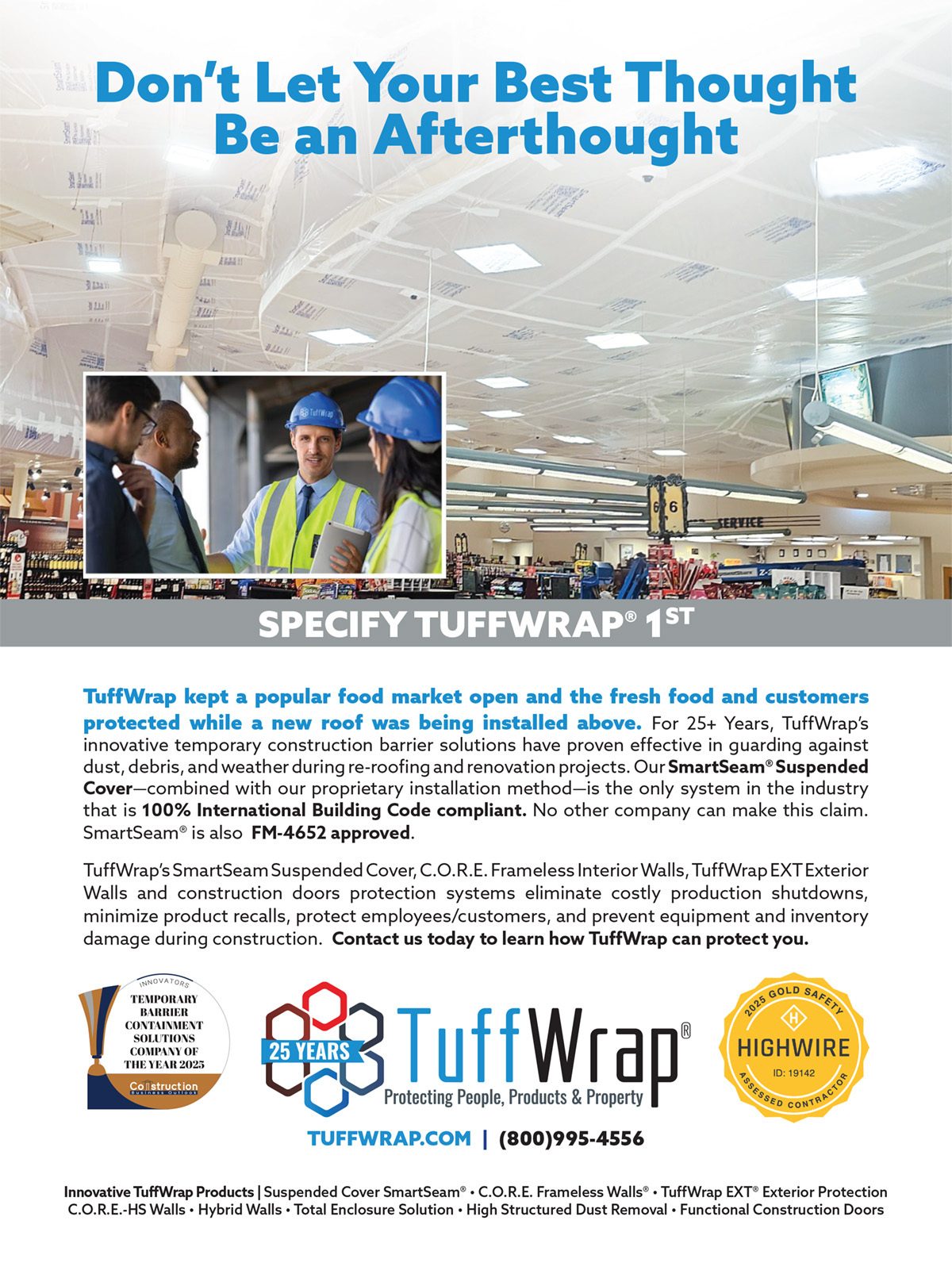 TuffWrap clear protective ceiling in a store, with construction workers.