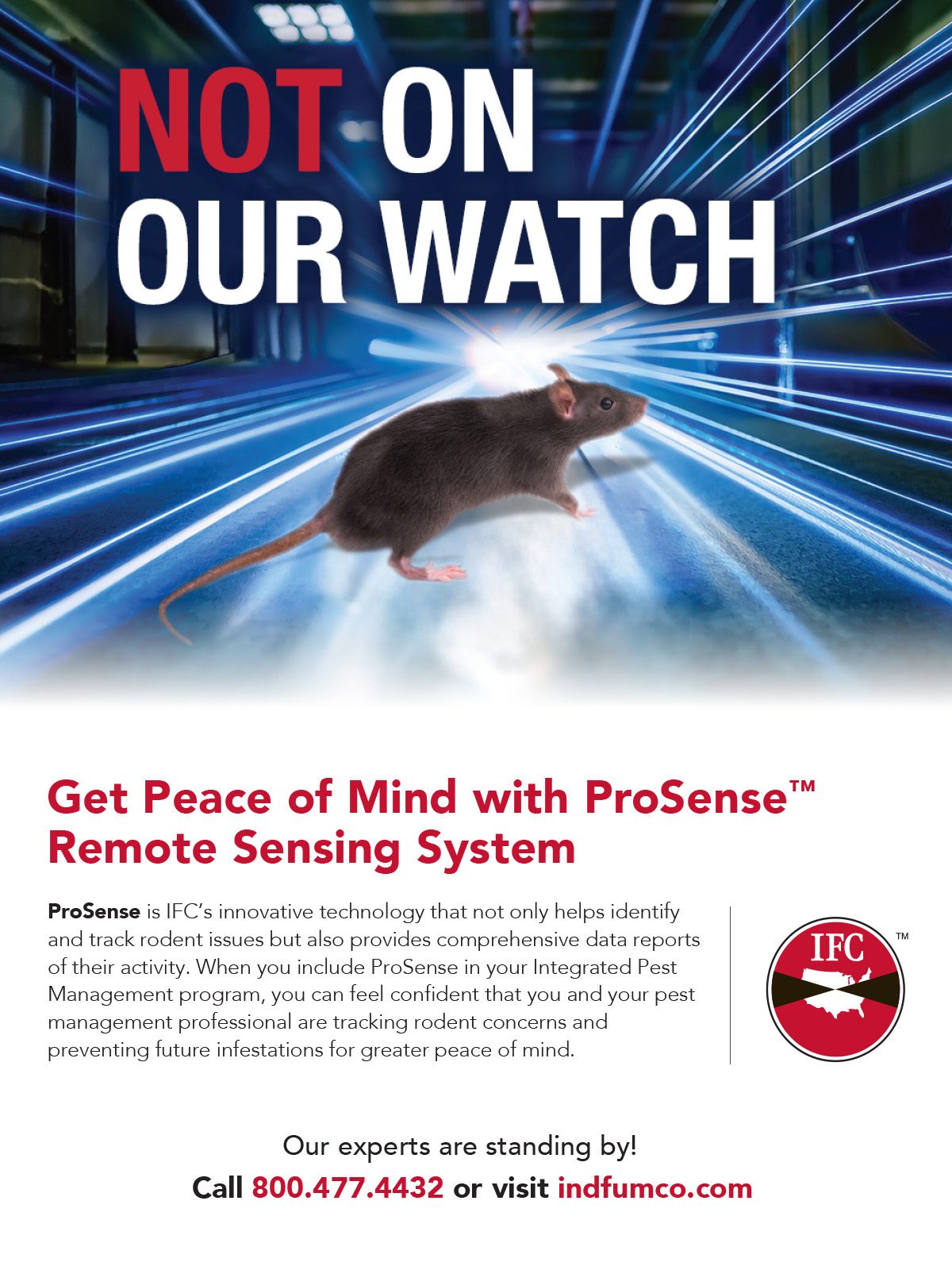 A rat on a futuristic blue background with text 'NOT ON OUR WATCH' promoting ProSense remote sensing for pest control.