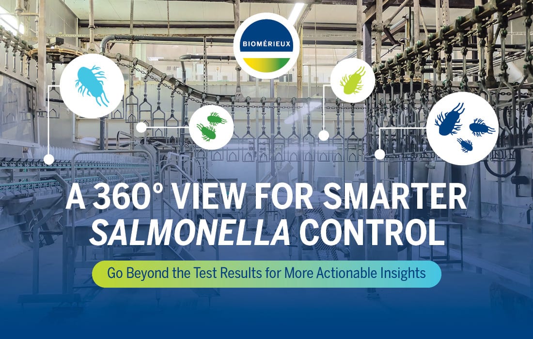 Biomérieux ad: Salmonella control in a food processing plant, featuring bacteria icons and text.