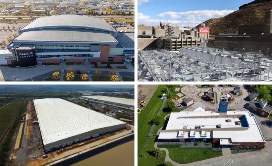 Aerial views of an arena, brewery, large warehouse, and school/training facility.