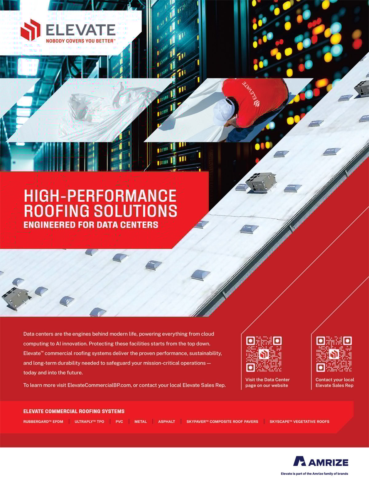 Elevate ad: High-Performance Roofing Solutions for Data Centers, with server racks and roof installation.