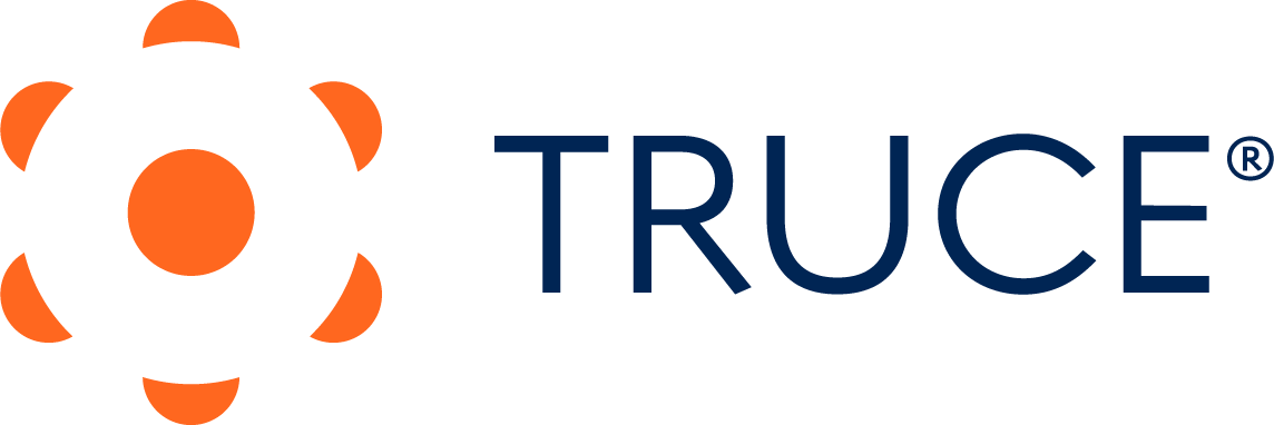 Orange abstract logo and "TRUCE" text in dark blue, with a registered trademark symbol.