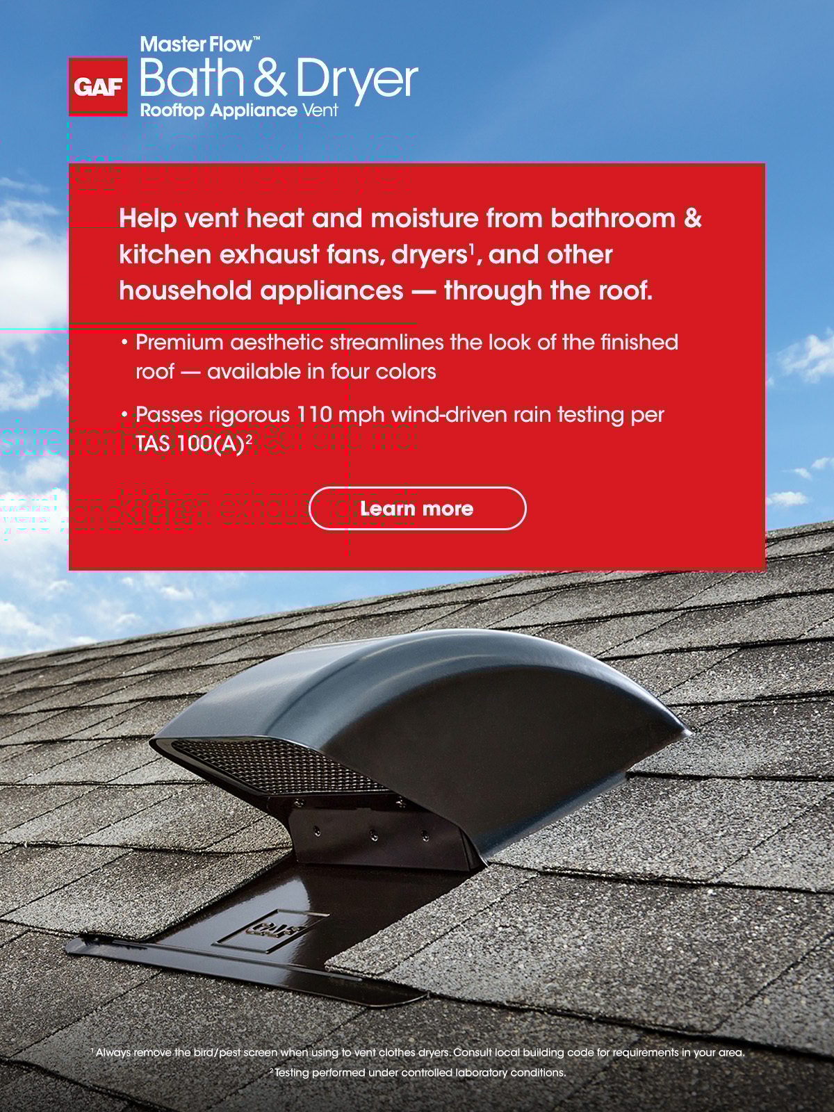 GAF MasterFlow Bath & Dryer rooftop vent on a shingled roof with product features text.
