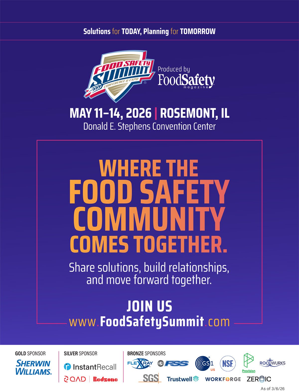Promotional poster for the Food Safety Summit 2026, featuring dates, location, theme, and website.
