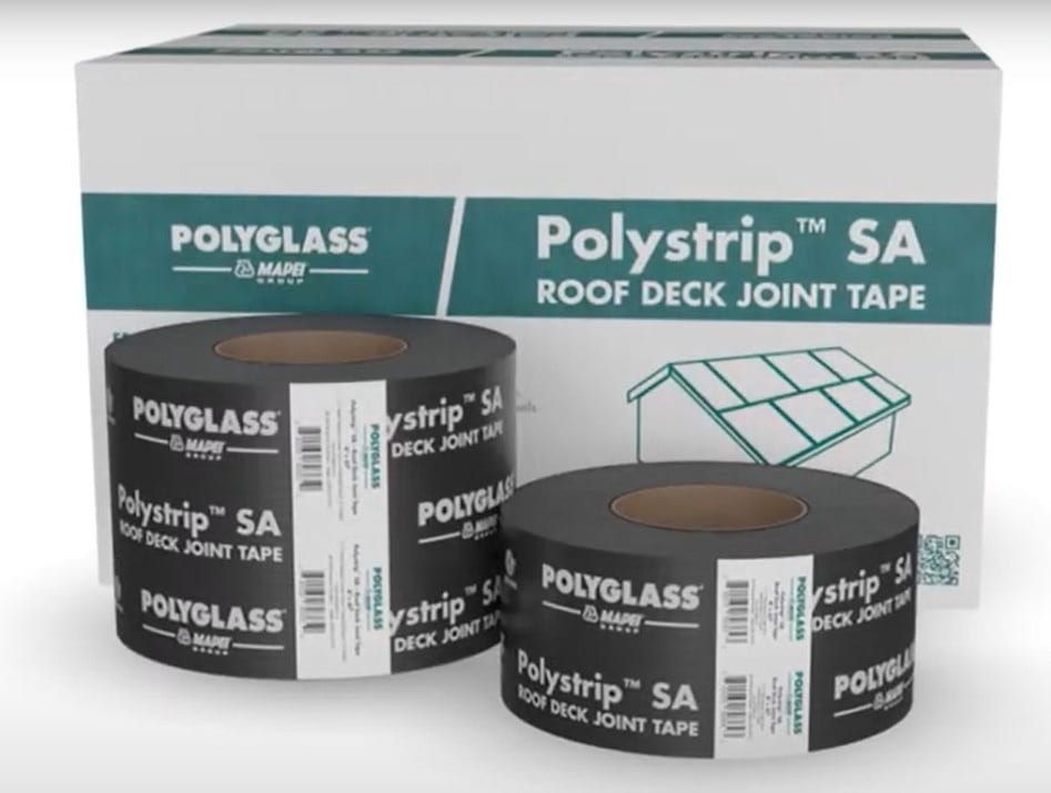 Two rolls of Polyglass Polystrip™ SA roof deck joint tape with packaging box.