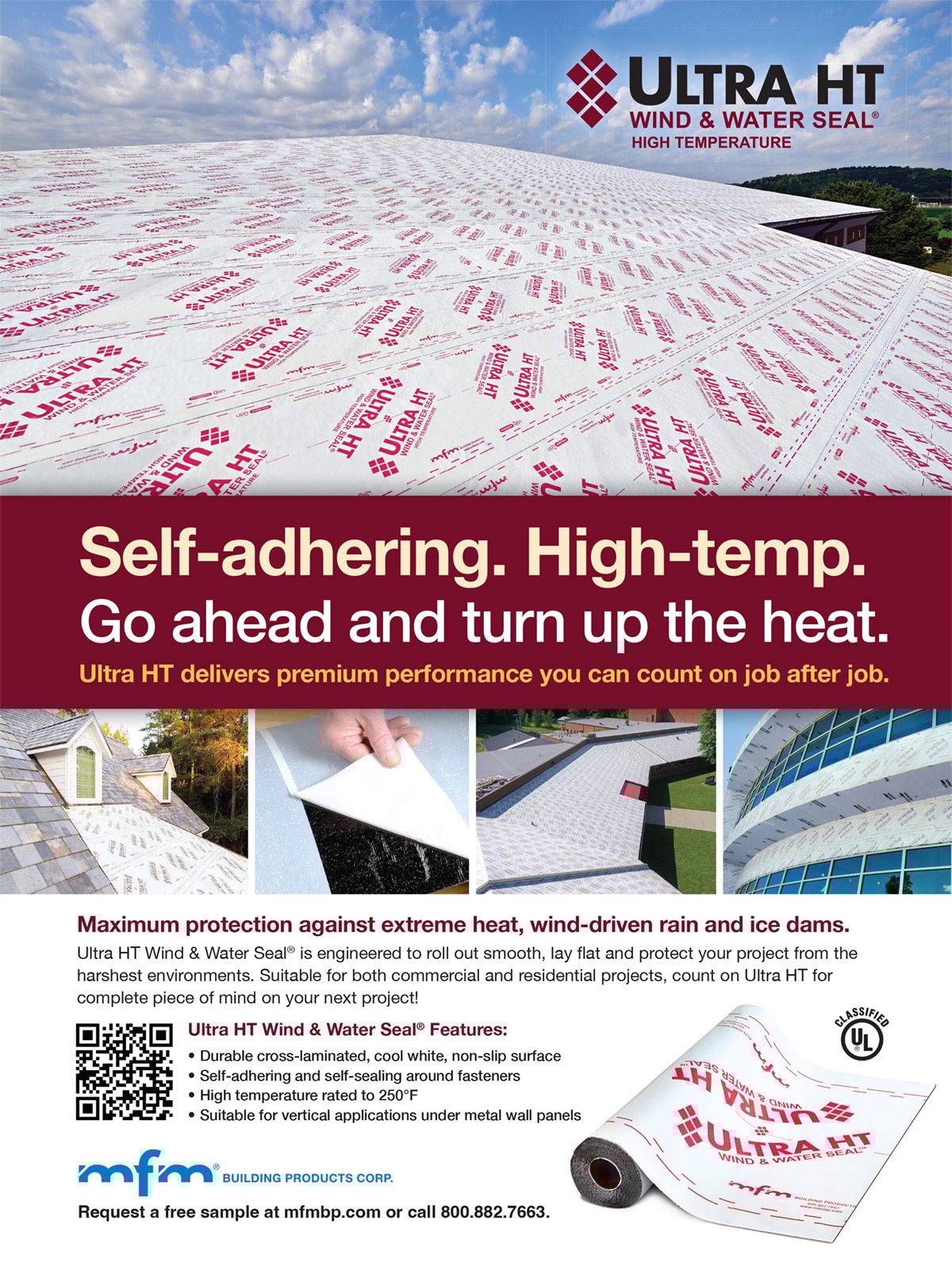 Advertisement for Ultra HT Wind & Water Seal, a self-adhering, high-temp roofing and wall membrane.