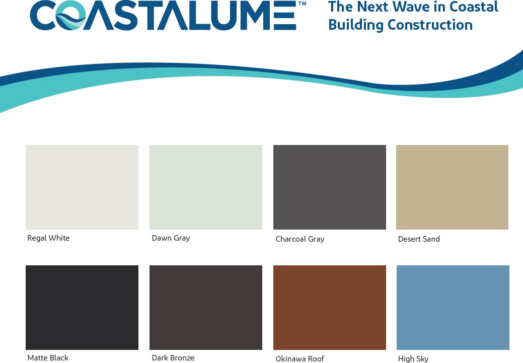COASTALUME™ 8-color swatches with names for building construction.