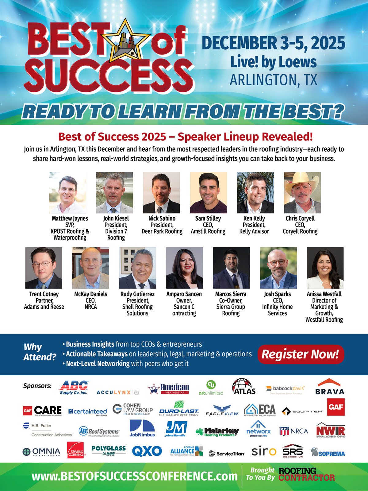 Best of Success 2025 roofing conference ad with speaker list and sponsors.