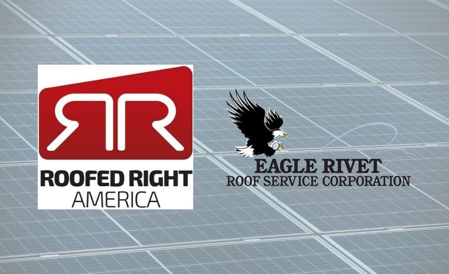 Logos for Roofed Right America and Eagle Rivet Roof Service Corp. on a solar panel background.