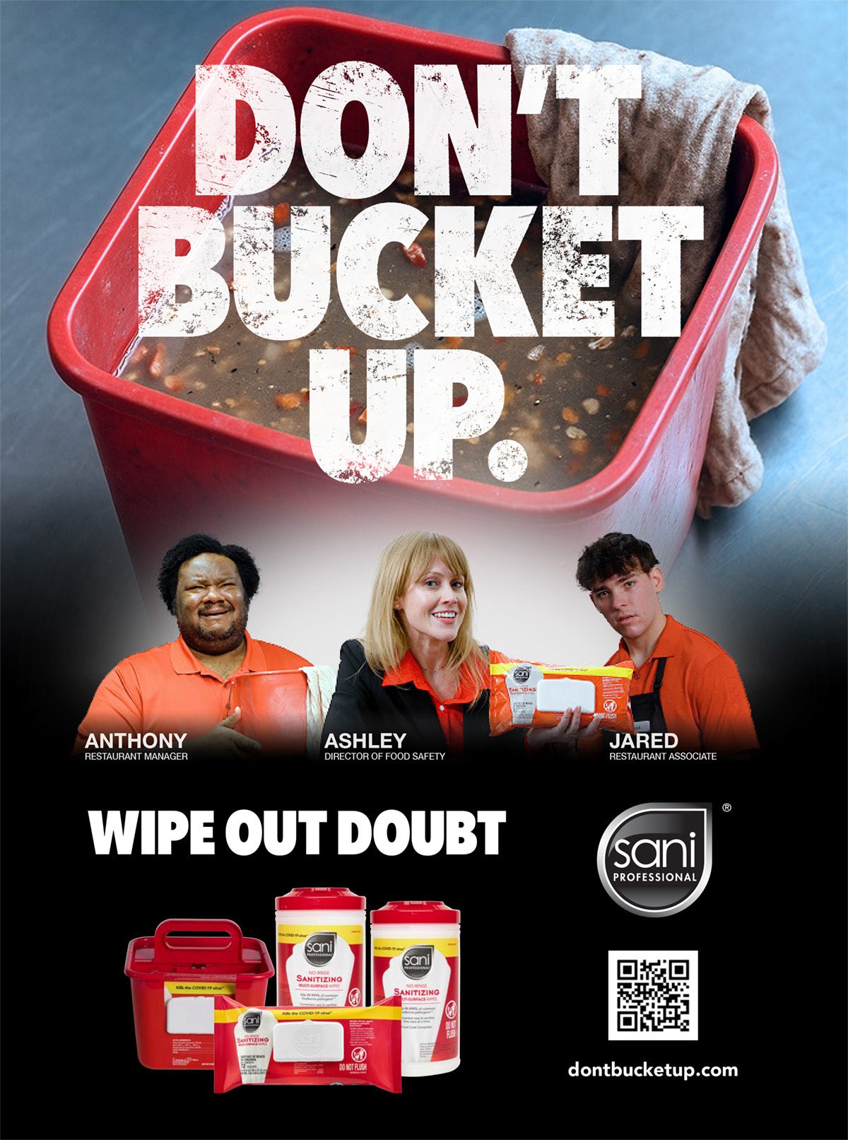 Sani Professional ad: "DON'T BUCKET UP." with dirty bucket, staff, and sanitizing wipes.