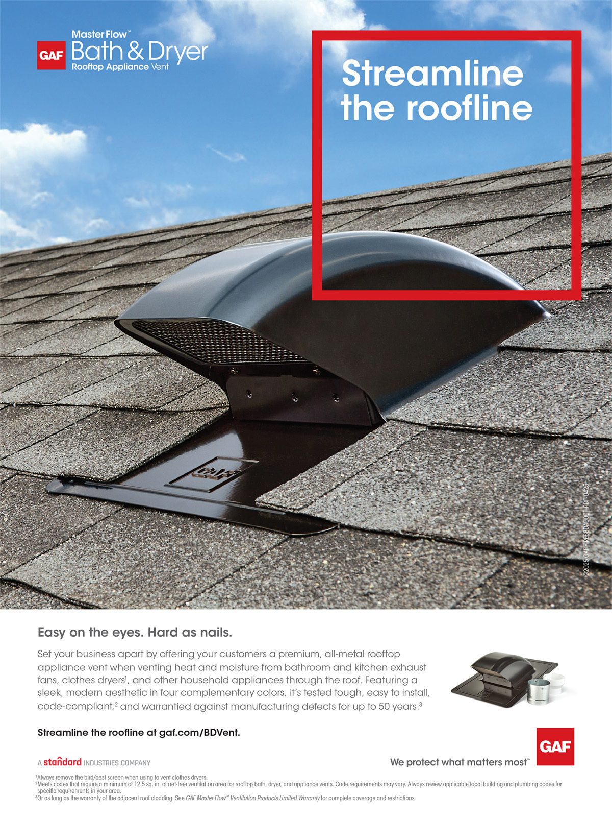 Black GAF Bath & Dryer rooftop vent on a shingled roof with "Streamline the roofline" text.