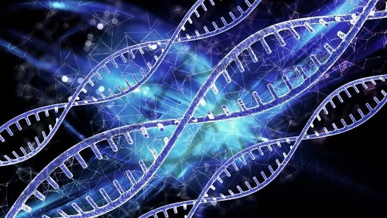 Multiple glowing blue DNA strands with an abstract, digital background.