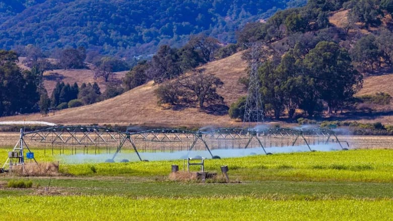 Center pivot irrigation waters a green field; hills and trees in the background.