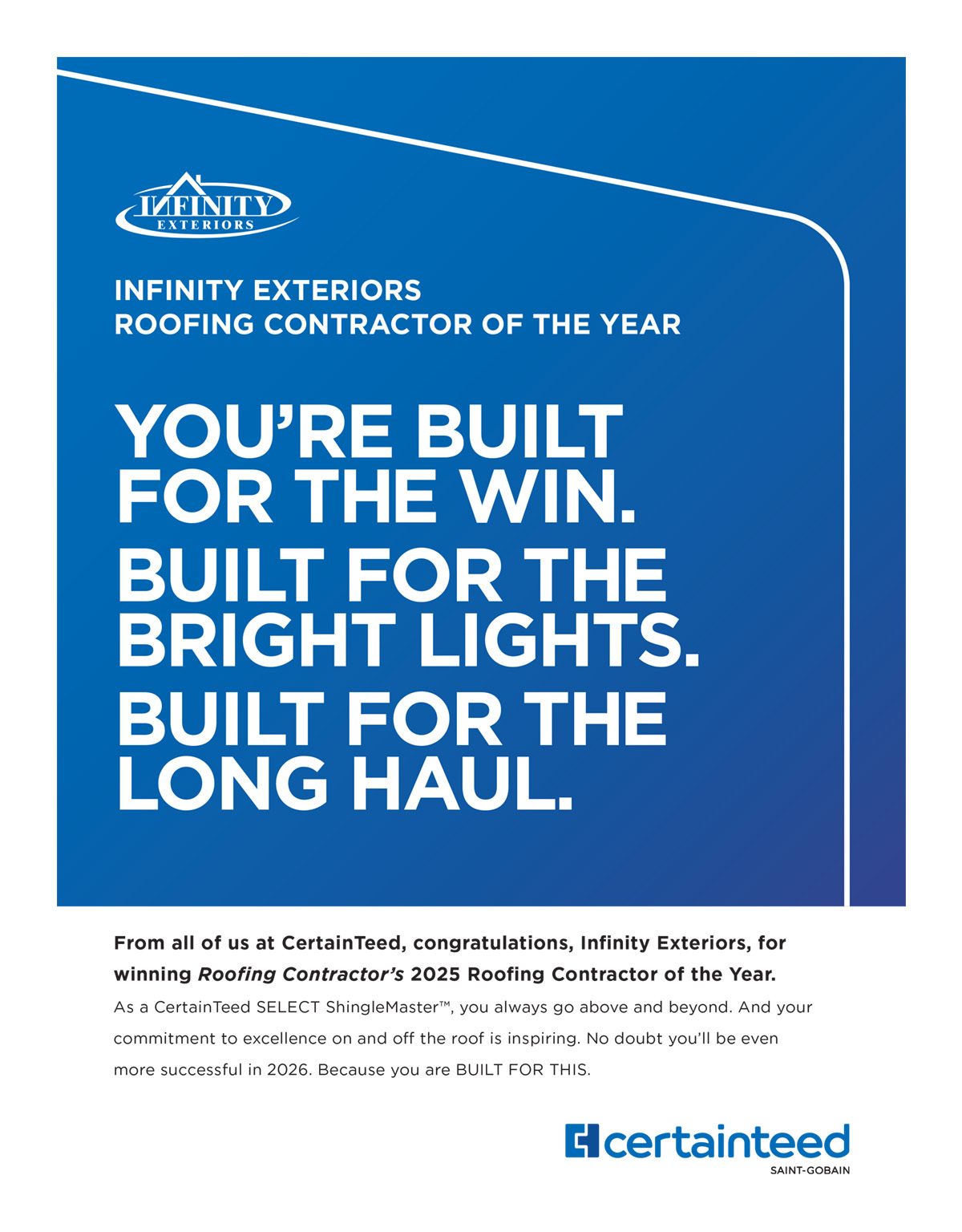 Ad congratulating Infinity Exteriors: 2025 Roofing Contractor of the Year by CertainTeed.