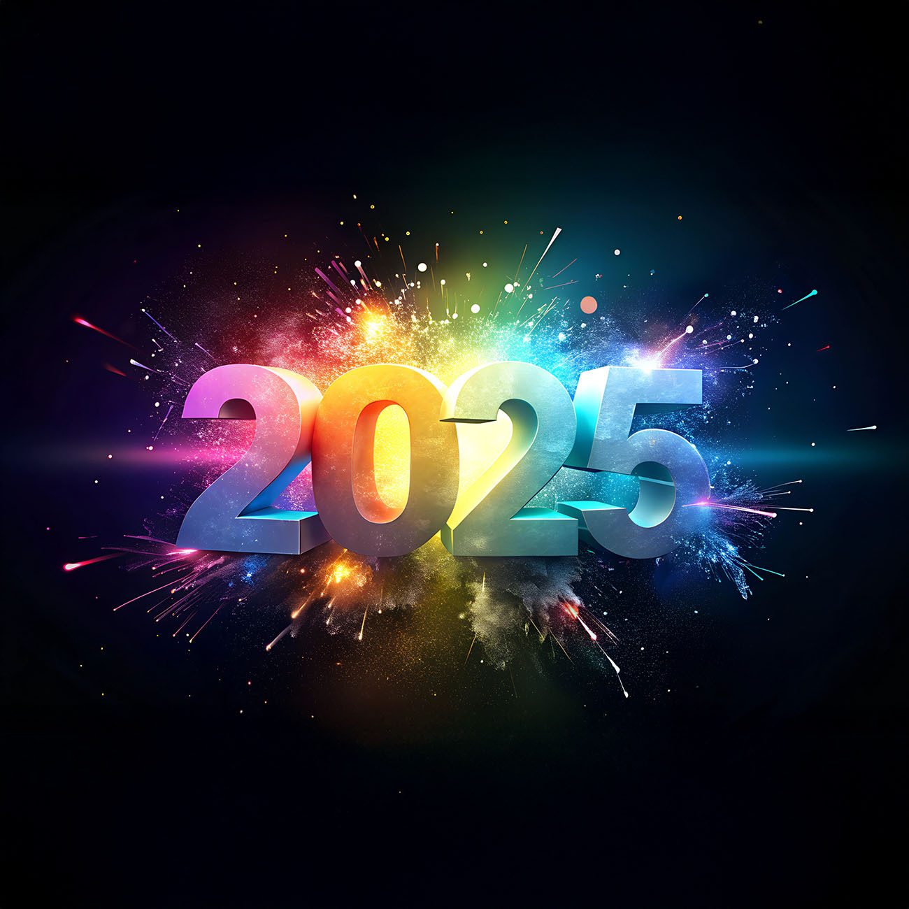 Rainbow 3D "2025" with vibrant light and sparks on a black background.