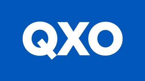 QXO logo in white on a blue background.