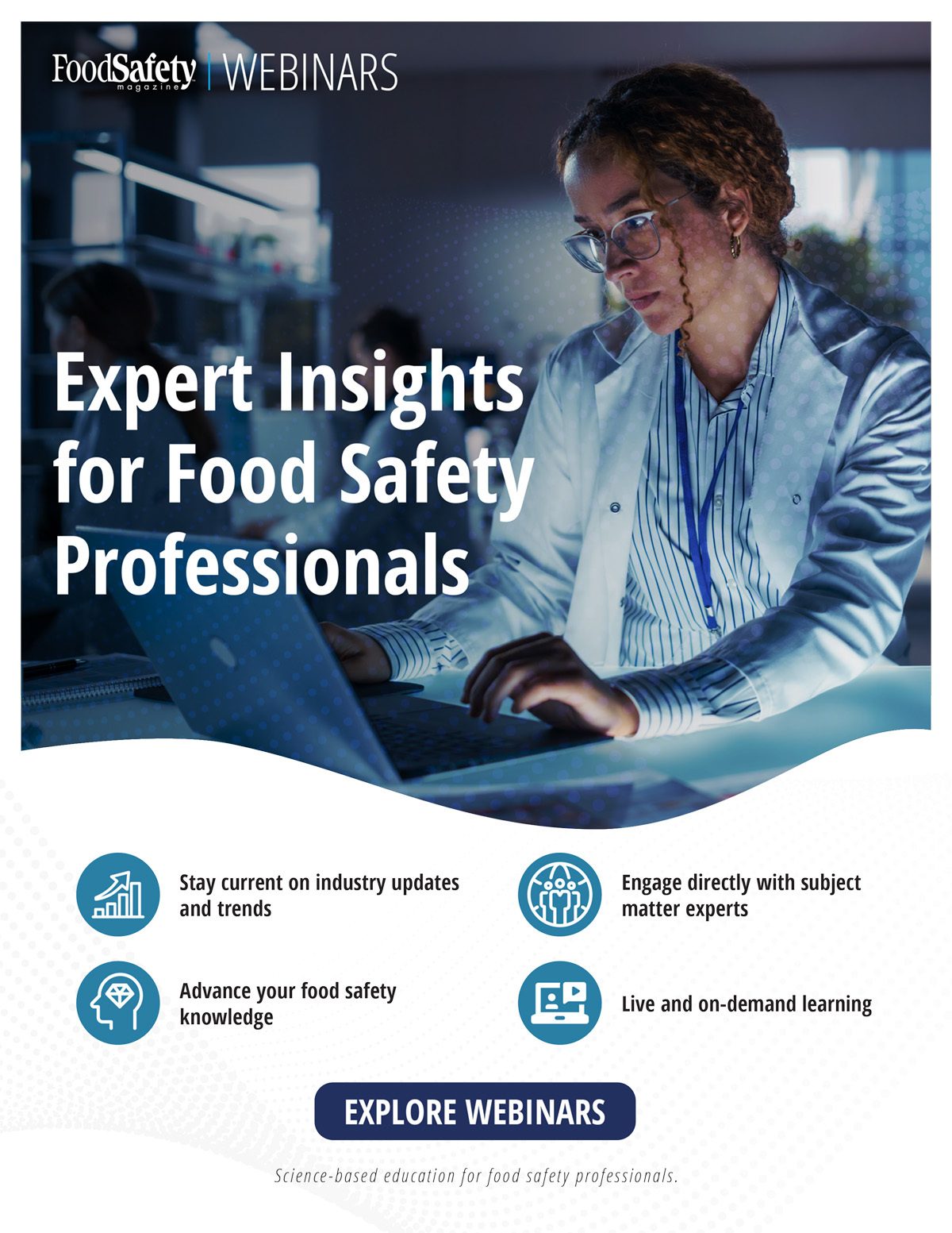 Scientist on laptop, expert insights for food safety professionals.