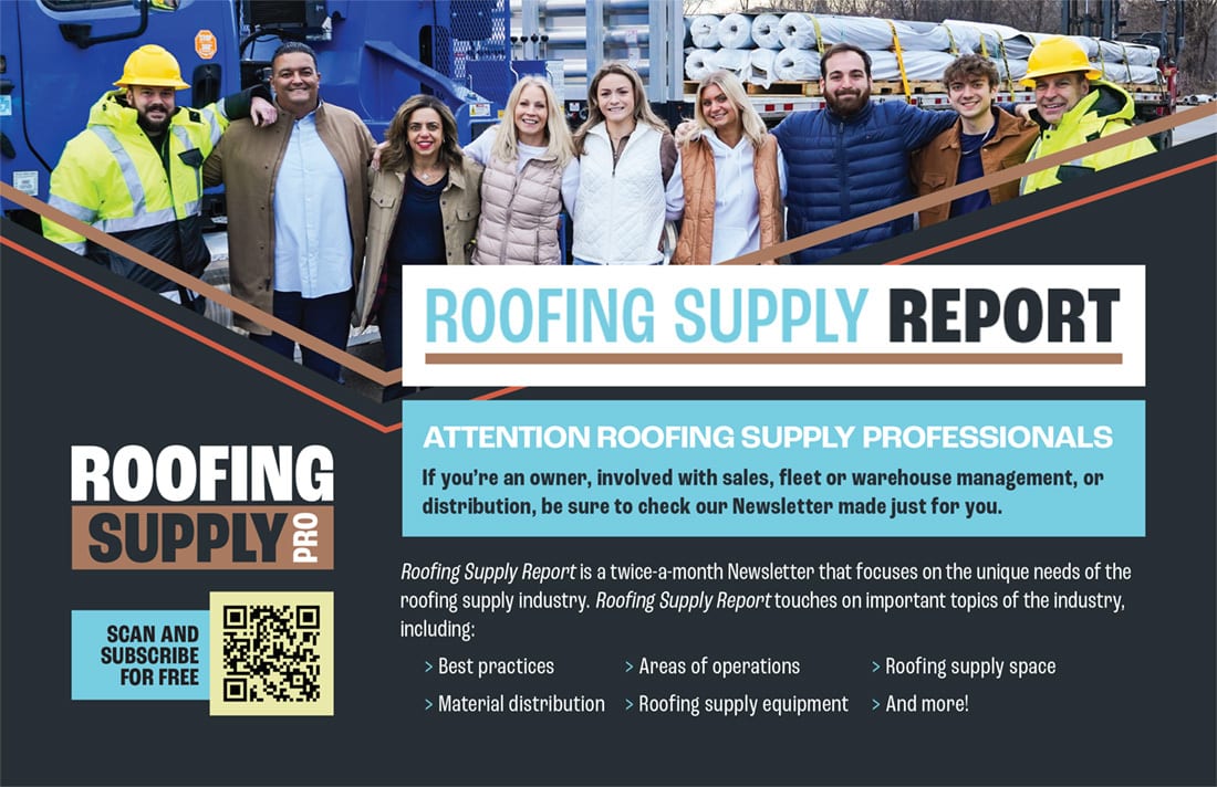 Group of diverse roofing supply professionals standing in front of a materials truck, advertising a newsletter.