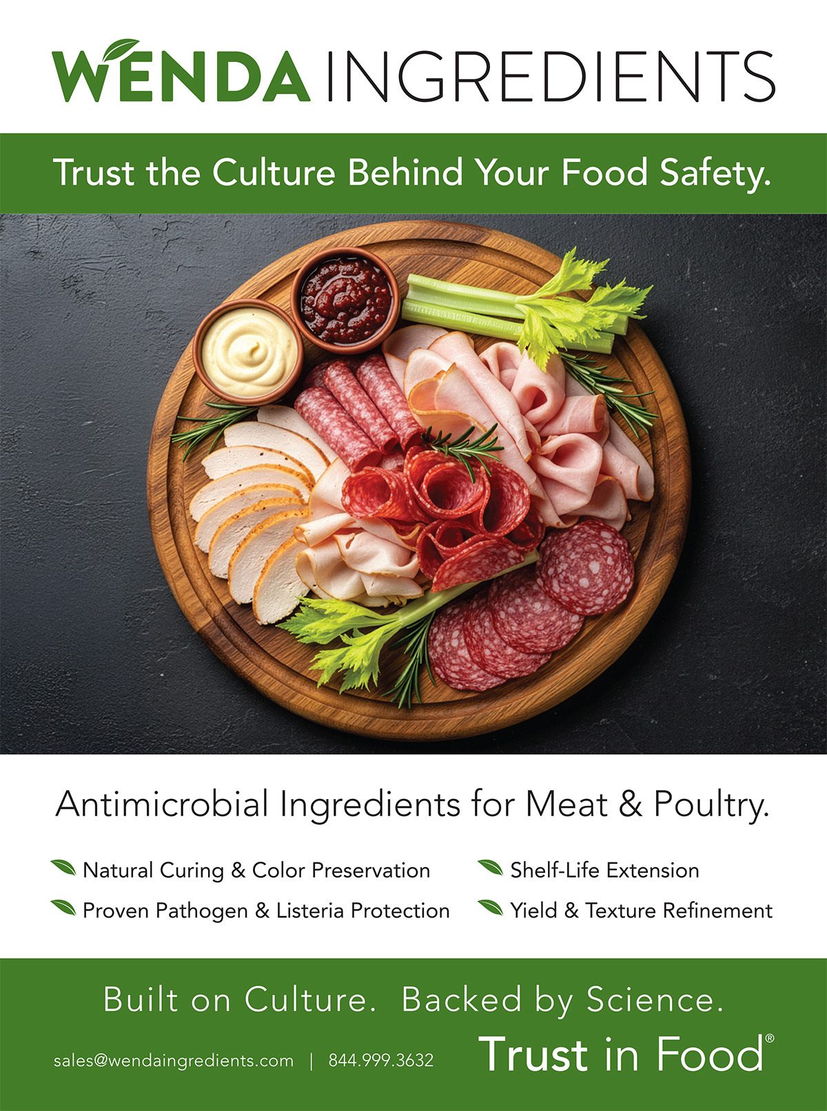 A charcuterie board with various sliced meats, celery, and dips, promoting antimicrobial ingredients for food safety.