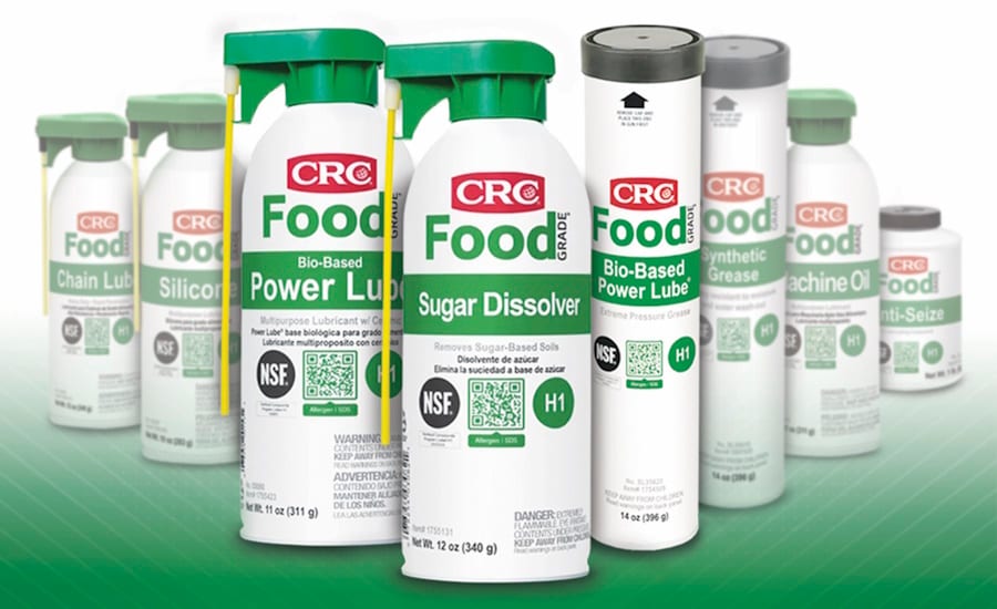 CRC Food Grade industrial lubricants and dissolvers in various containers.