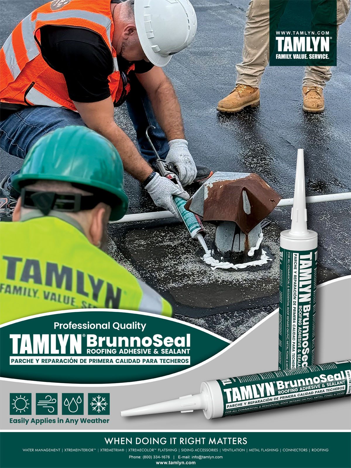 Workers apply Tamlyn BrunnoSeal roofing sealant on a roof. Professional quality, all-weather.